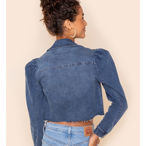 tgla puff long sleeve blue denim jacket shirt cropped raw hem stretch - Picture 3 of 16